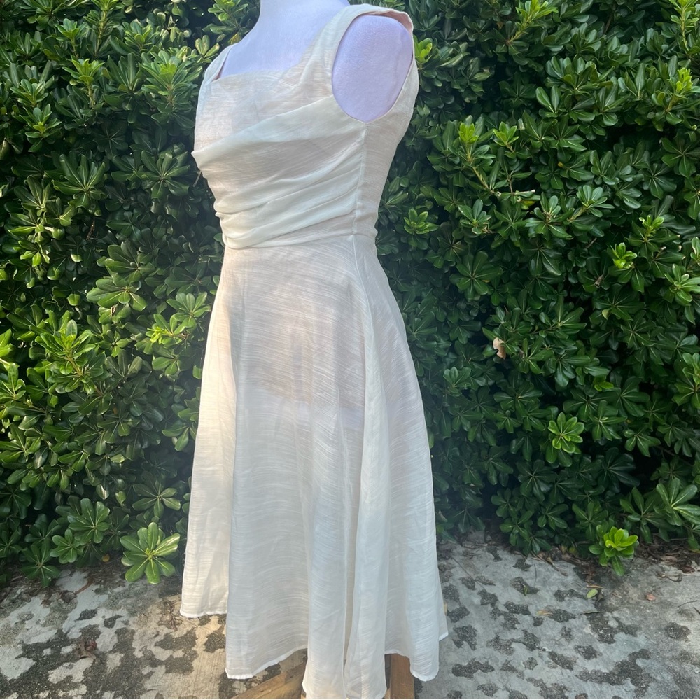 AI MI LI White Sheer Overlay Midi Dress with Tan Underlay Size